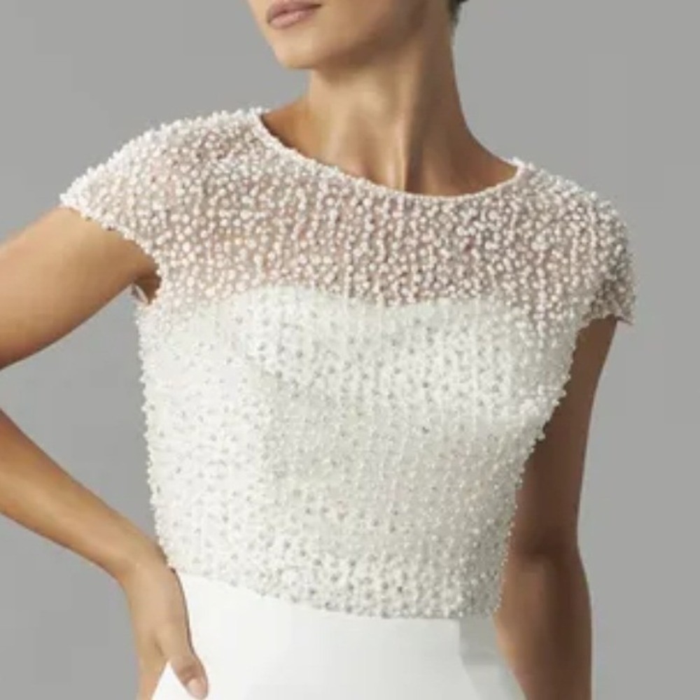 Pronovias Beaded Pearl Mesh Bridal Jacket Bolero White US 12 Wedding Topper
